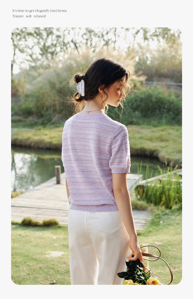 Olrain Purple V-Neck Hollow Casual Simple Short Sleeve Pullover Knit Top for Women, Size M 13