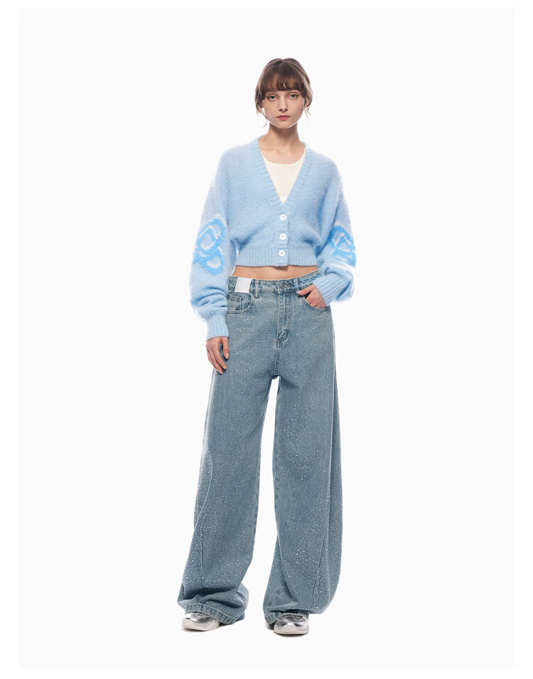 ANN ANDELMAN Starry Rhinestone Embellished Loose Straight-Leg Floor-Length Curved Hem Jeans Blue M (Ni Ni Style) 7