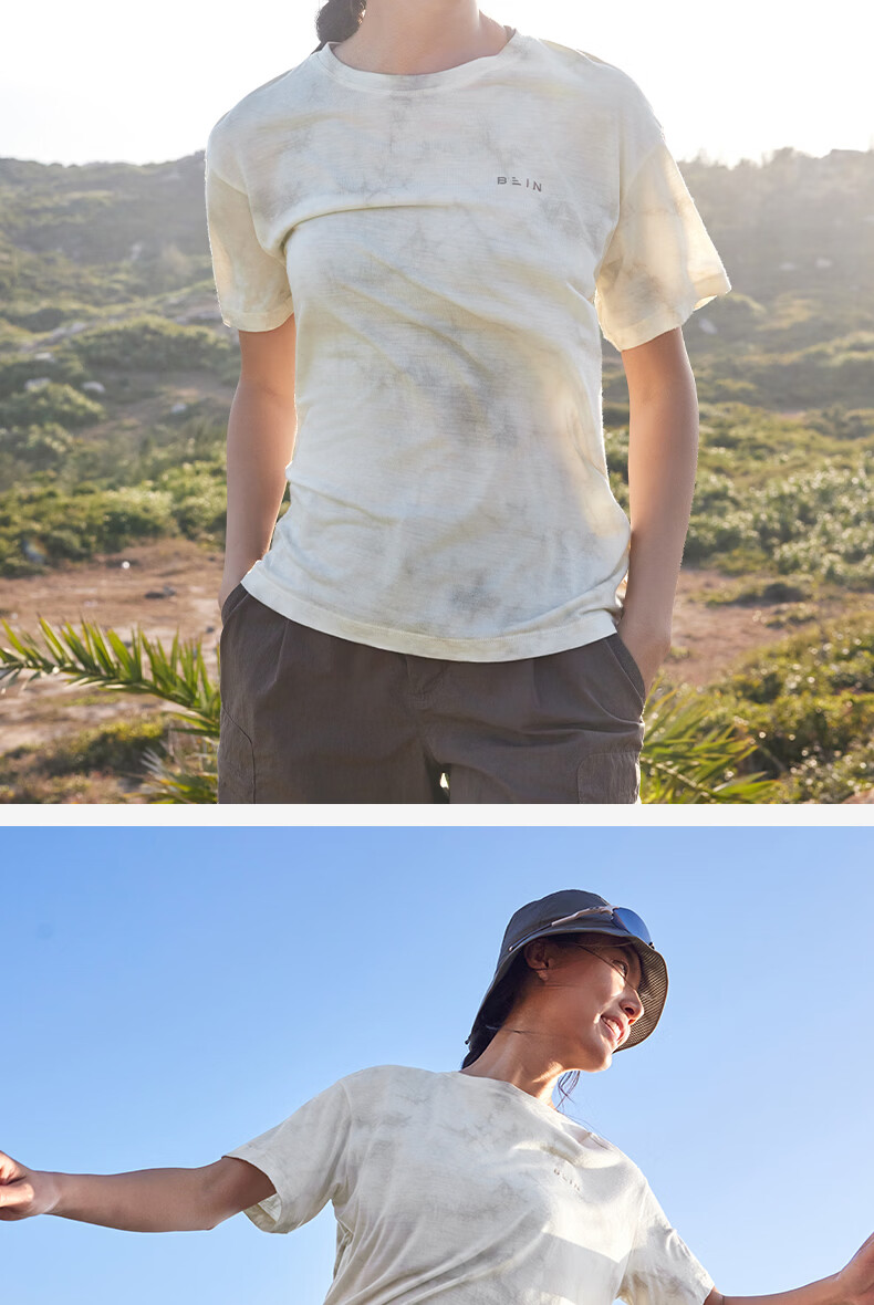 BEIN SPACE Summer New Washable Merino Wool Gradient Sports Hiking Short Sleeve T-Shirt Women J027 Sunset Orange XS 10