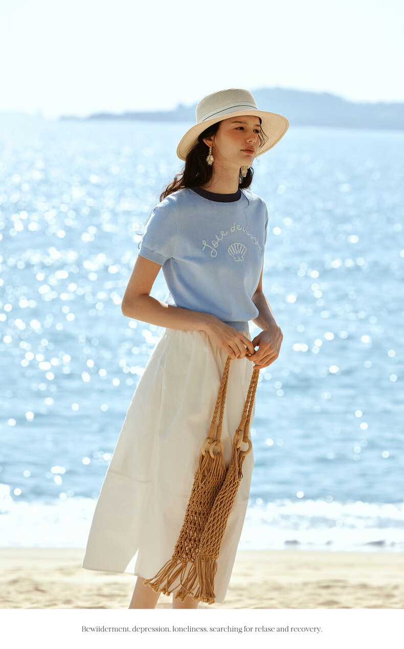 Olrain Oureier New Summer Jacquard Embroidered Round Neck Casual Short Sleeve Knit Pullover Top for Women Blue S 15