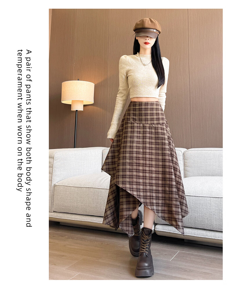 Langsha Irregular Checkered High-Waist Loose Slimming A-Line Mid-Length Skirt for Women Autumn 2026 New Style 19