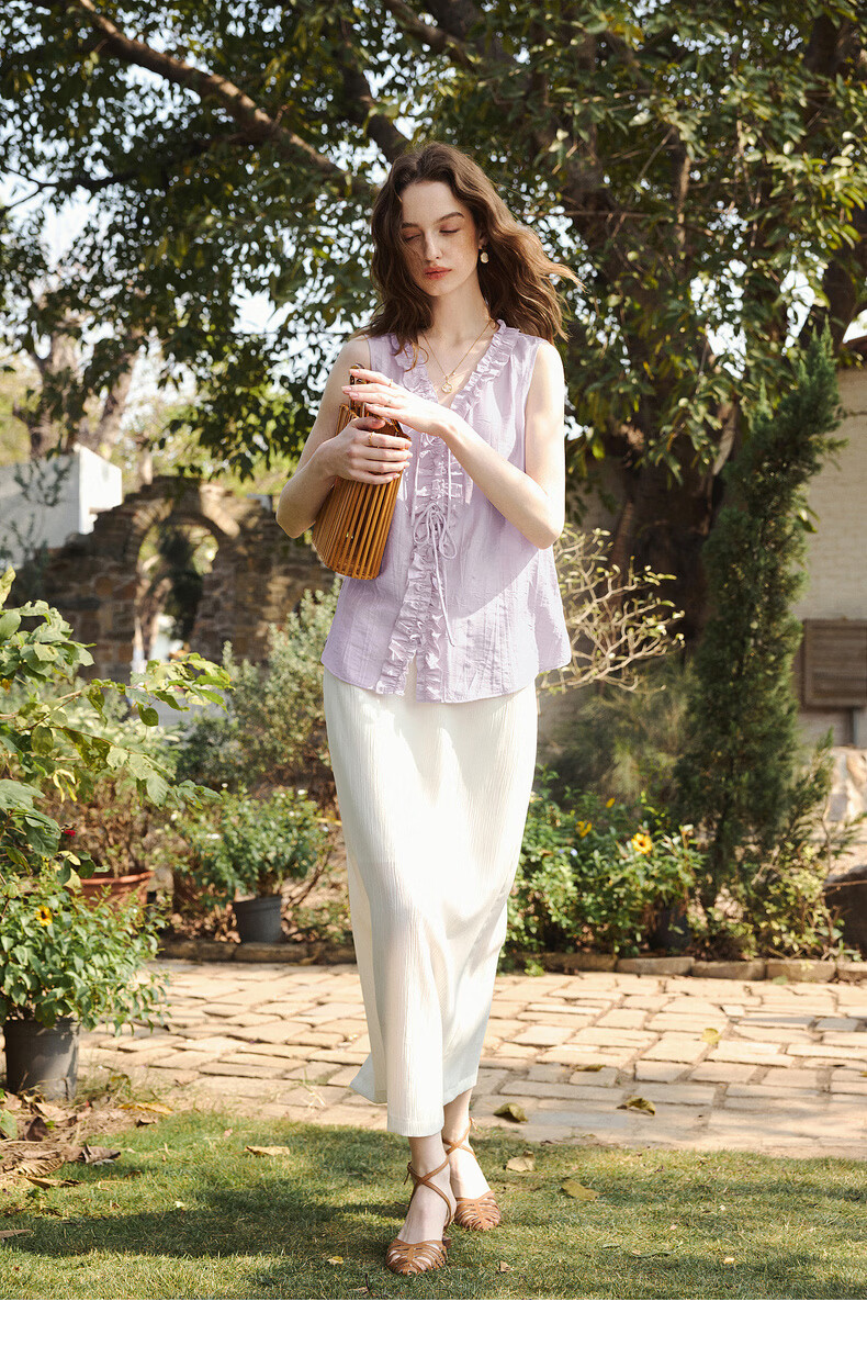 Olrain French Style Heavy Embroidered Ruffled V-Neck Sleeveless Shirt Women Summer New Loose Top Purple S 21