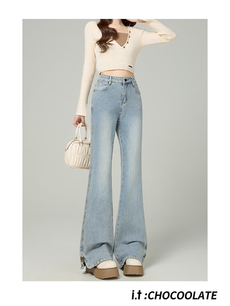 :CHOCOOLATE IT Split Flared Jeans for Women Spring Summer New Small Size Plus Size Flared Pants Light Blue XL 12