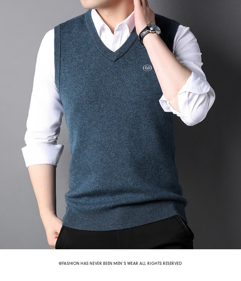 Hengyuanxiang Pure Wool Vest Men's Autumn Pullover V-Neck Knitted Wool Sweater Sleeveless Men's Vest 33
