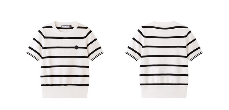 ELLE ACTIVE Colorblock Striped Knit Short Sleeve T-Shirt Women Casual Fashion Comfortable Versatile Crew Neck Top Summer Navy Blue L 20
