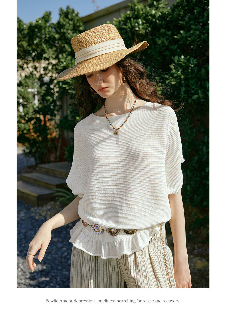 Olrain Women's Summer Off-Shoulder Ruffle Hem Loose Fit Commuter Short Sleeve Knit Top White S 11