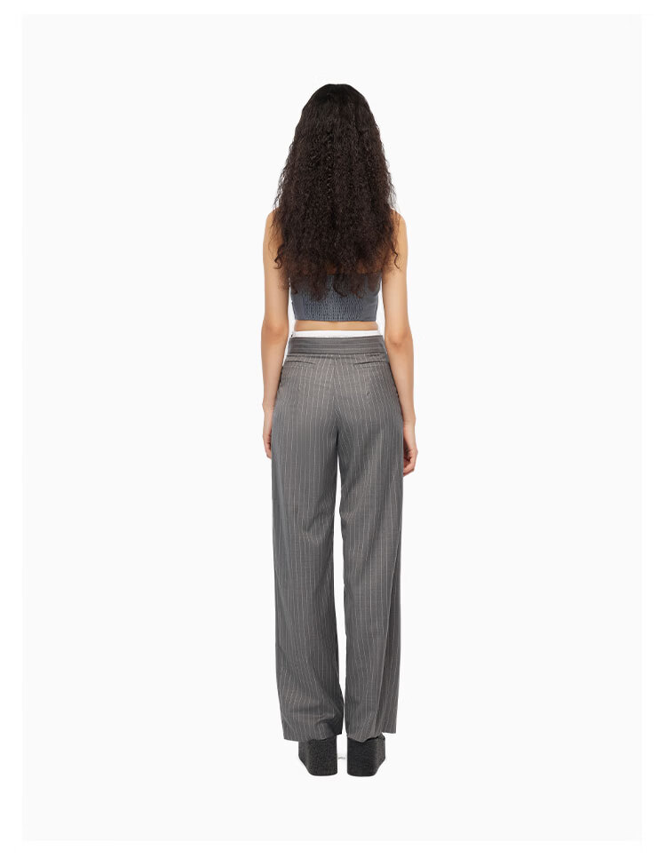 ANN ANDELMAN Official Straight-Leg Elastic Waist Spliced Striped Casual Trousers Gray M Celebrity Style 6