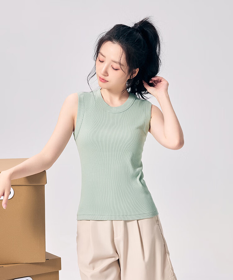 Hodo 10A Antibacterial Smooth Modal Vertical Stripe Slim Fit Versatile Round Neck Sleeveless Women's Base Layer Top 14