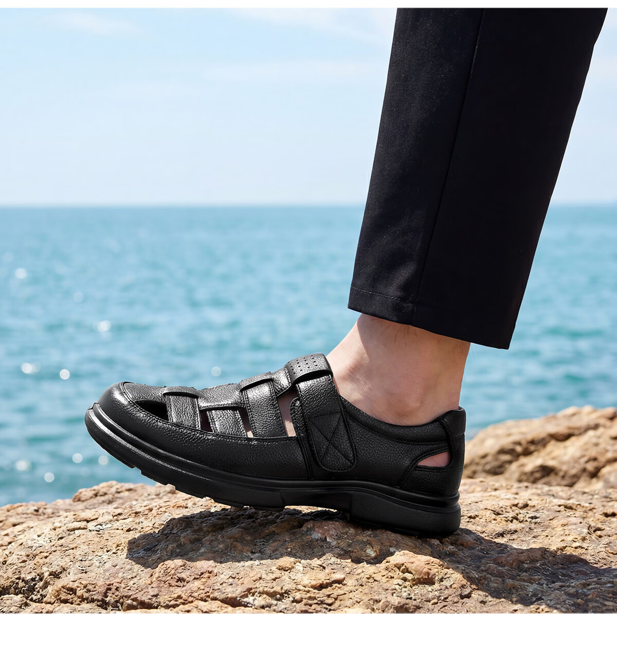 Yierkang Men's Shoes, Father's Day Gift, Sheepskin Comfortable Closed-Toe Perforated Shoes, Hollow Breathable Dad Leather Shoes, Black, Size 39 9