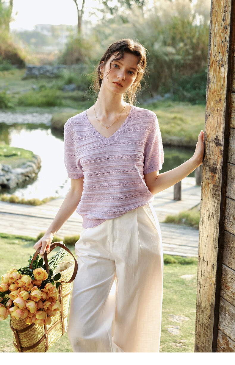 Olrain Purple V-Neck Hollow Casual Simple Short Sleeve Pullover Knit Top for Women, Size M 21