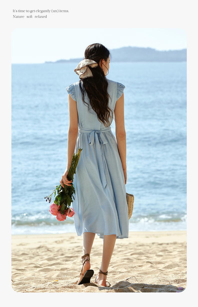 Olrain French Style Lace-Up Waist Design New Vacation Casual Puff Sleeve Dress Blue XL 7