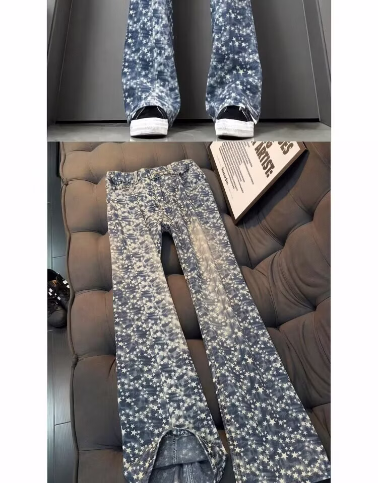 Stars Full Print Jacquard Jeans Men's American High Street Design Sense Of Gradual Change Straight Scimitar Casual Pants, Blue S_mkmklike.com