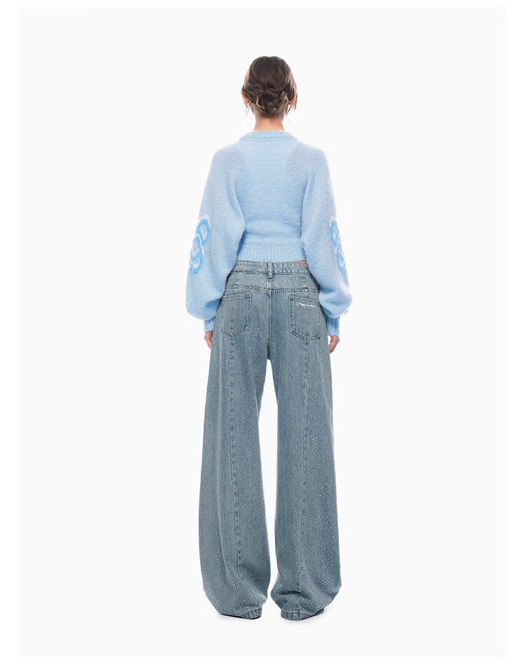 ANN ANDELMAN Starry Rhinestone Embellished Loose Straight-Leg Floor-Length Curved Hem Jeans Blue M (Ni Ni Style) 6