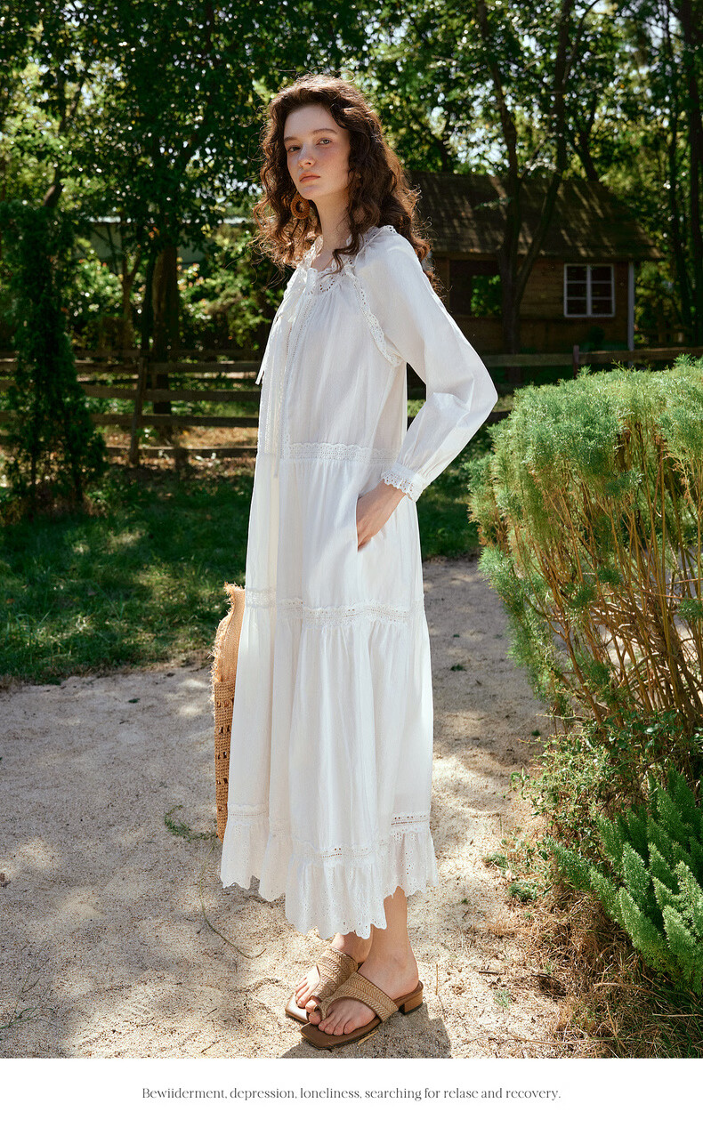 Olrain French Embroidered Hollow Lace Collar Long Sleeve Dress Women Spring Loose Elegant Long Dress White S 16