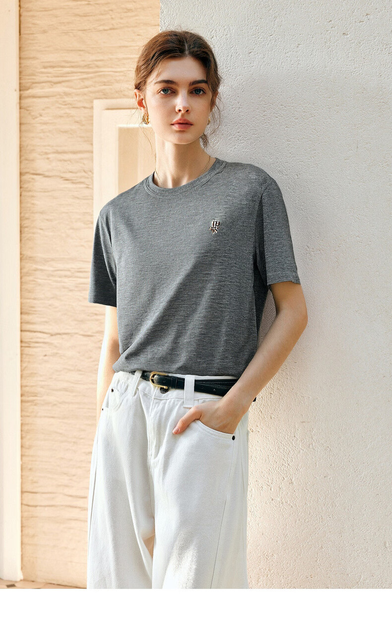 Olrain Eurail Summer New Round Neck Casual Fashion Versatile Embroidered Short Sleeve T-Shirt for Women Gray S 10