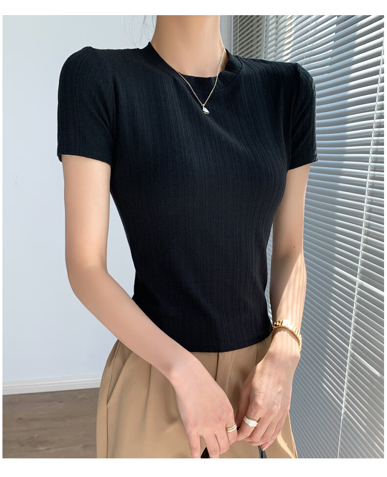 Langsha Knitted Short Sleeve Base Shirt for Women Spring Summer Casual Slim Fit T-Shirt 16