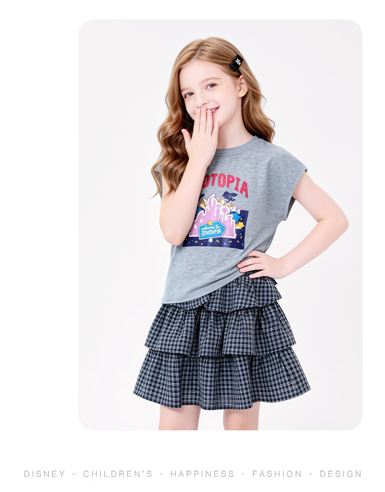 Disney Girls' Outfit 2026 Summer New Plaid Short Sleeve Dress Two-Piece Set Girls' Skirt Set 160 17