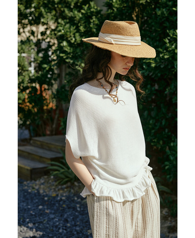 Olrain Women's Summer Off-Shoulder Ruffle Hem Loose Fit Commuter Short Sleeve Knit Top White S 13