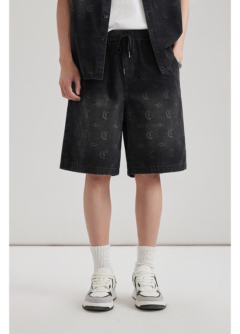 CABBEEN Laser Pattern Logo Men's Commuter Durable Versatile 2026 Summer Breathable Printed Denim Shorts 7