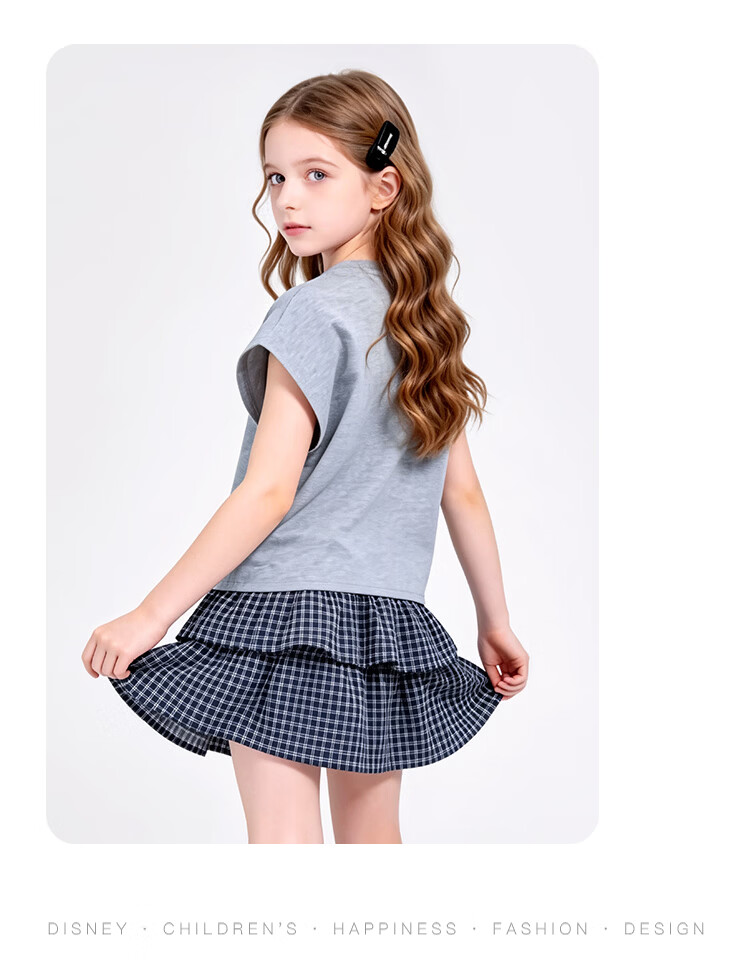 Disney Girls' Outfit 2026 Summer New Plaid Short Sleeve Dress Two-Piece Set Girls' Skirt Set 160 16