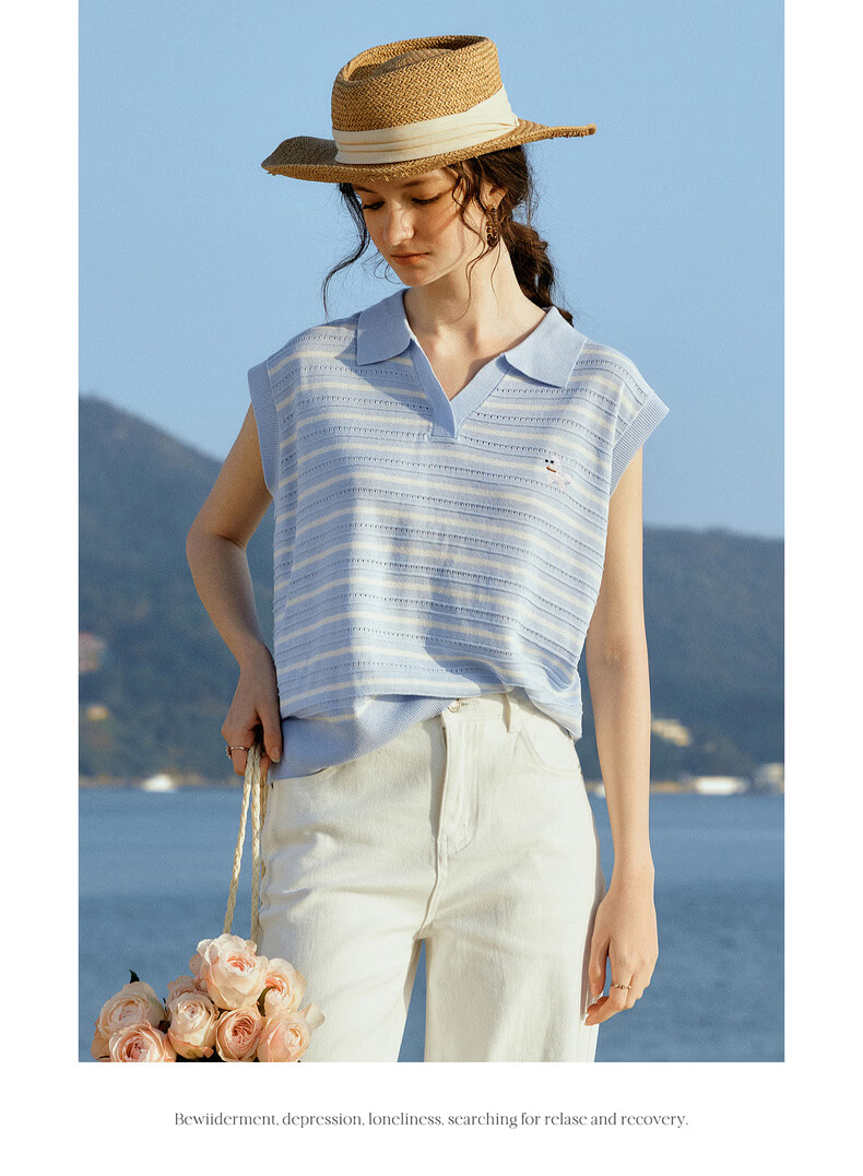 Olrain Summer New Polo Collar Color-Block Embroidered Lightweight Striped Pullover Knitwear for Women Blue Stripes L 9