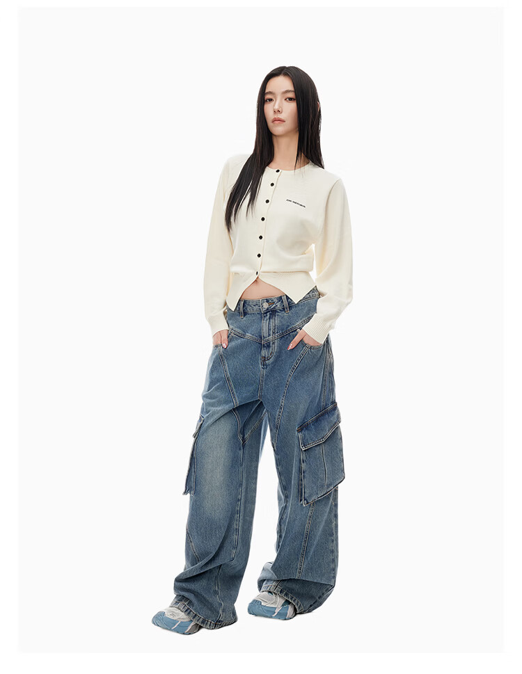 ANN ANDELMAN Star Style Four-Season Washed Vintage Diagonal Split Workwear Jeans Dark Blue 24 7