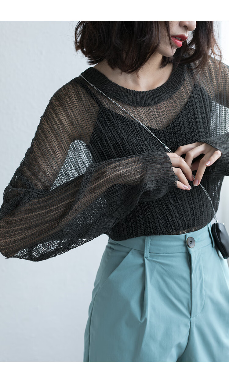 eggka 镂空罩衫冰丝针织衫女夏防晒衫套头薄款毛衣女牛油果色宽松上衣