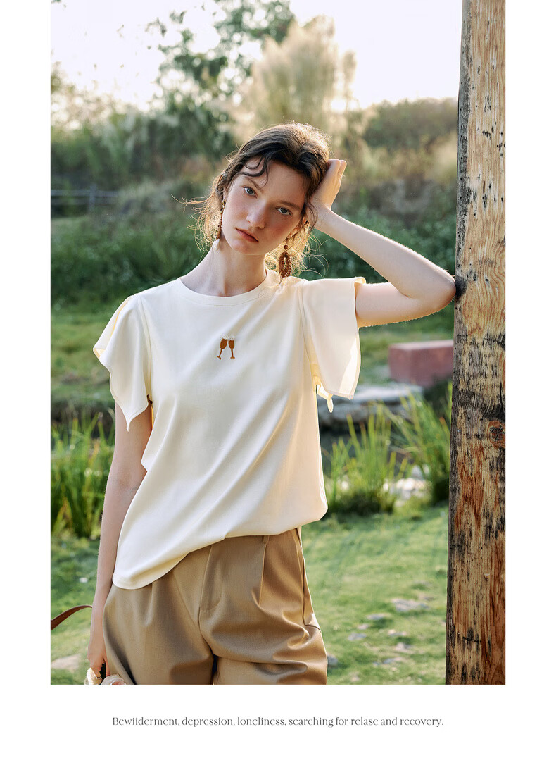 Olrain French Style Short Sleeve T-Shirt Women Summer New Loose Casual Commuting Ruffle Sleeve Top Yellow S 18