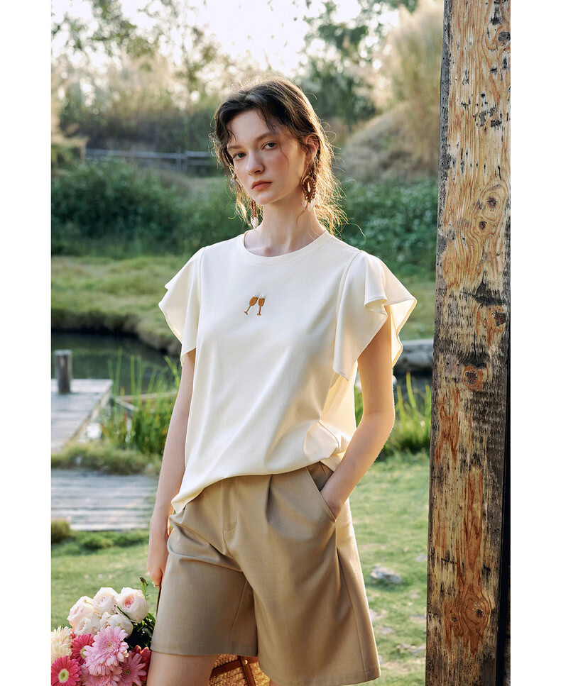 Olrain French Style Short Sleeve T-Shirt Women Summer New Loose Casual Commuting Ruffle Sleeve Top Yellow S 17