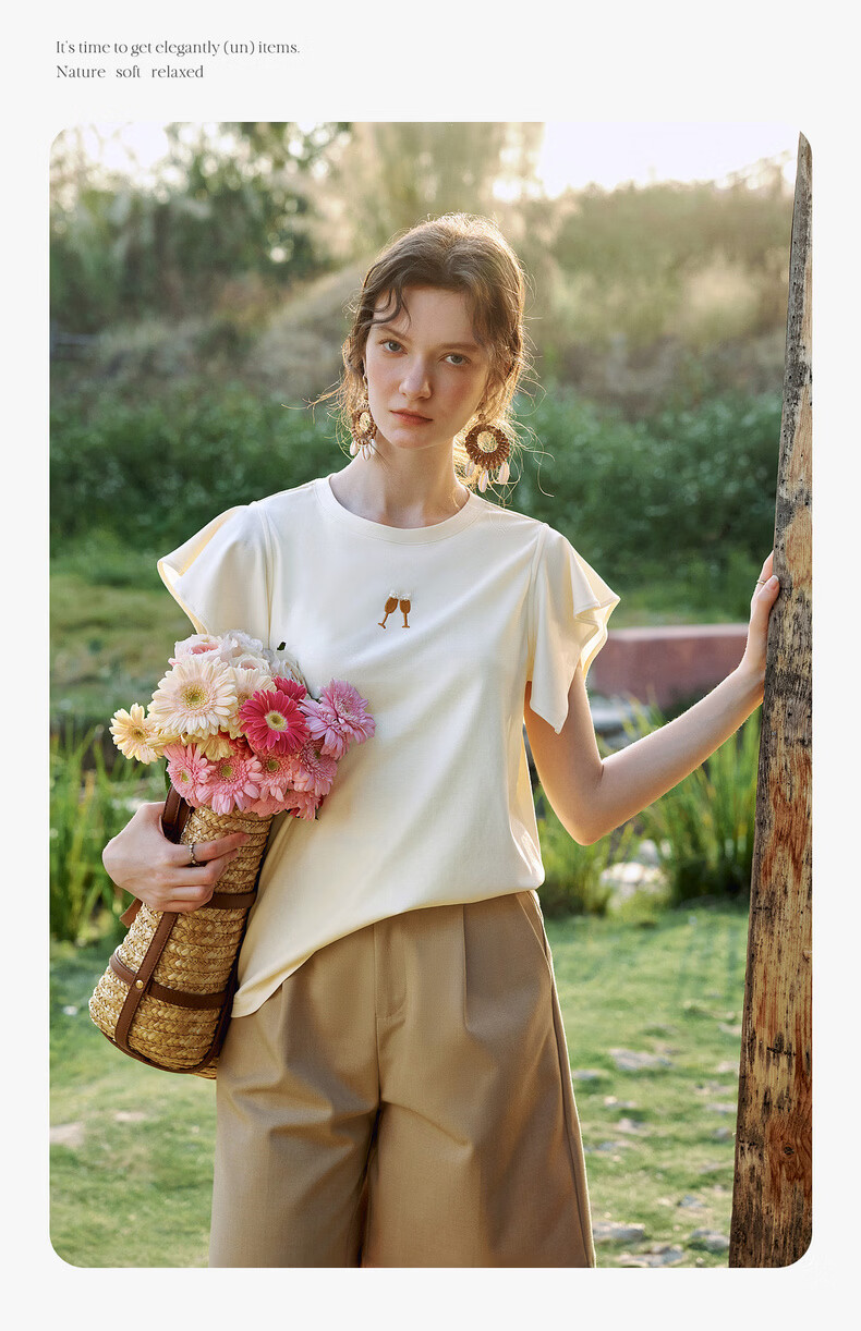 Olrain French Style Short Sleeve T-Shirt Women Summer New Loose Casual Commuting Ruffle Sleeve Top Yellow S 11