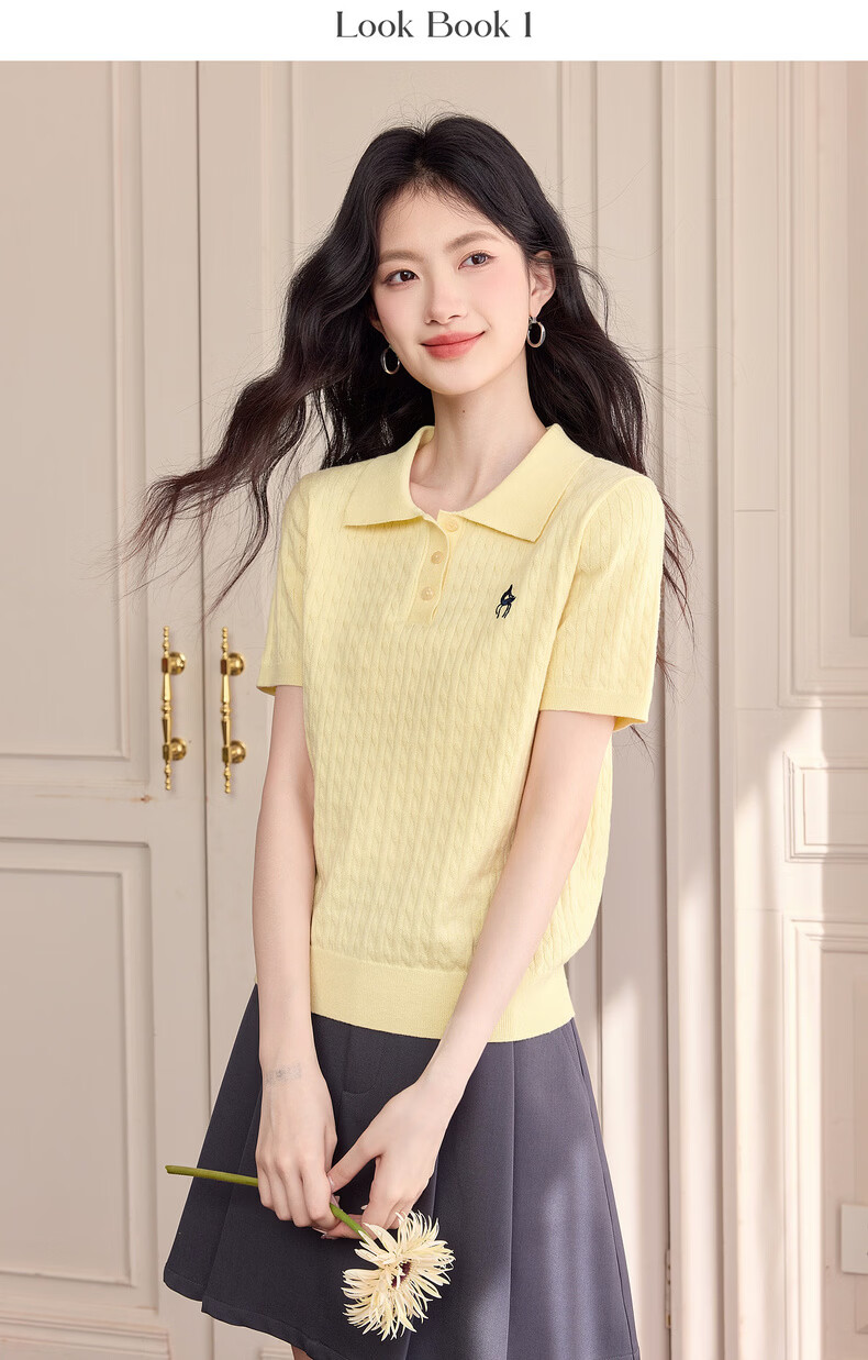 Sllsky College Style Polo Collar Cable Knit Short Sleeve Sweater Women Spring Summer New Wool Embroidered Top 13