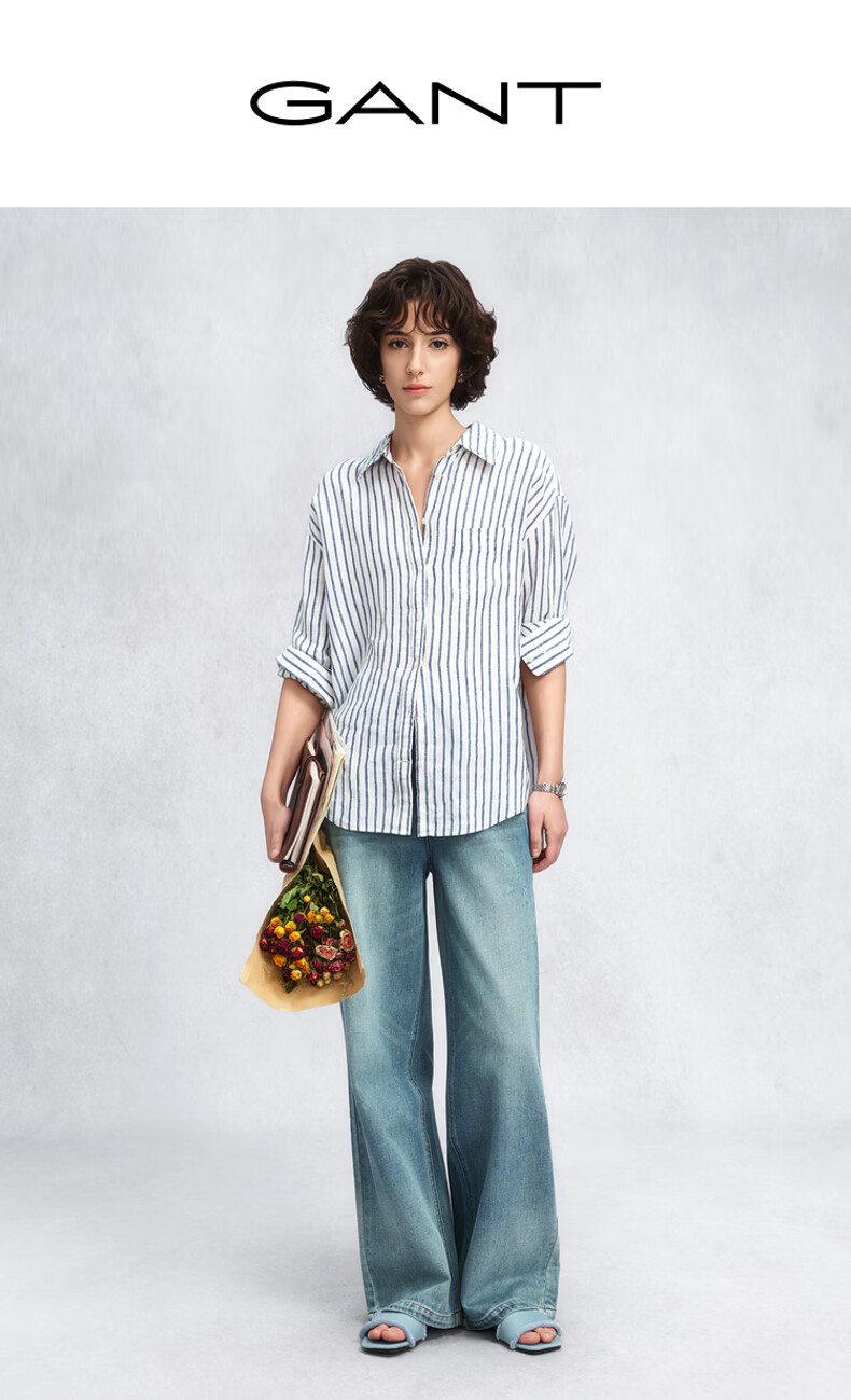 GANT Women's Spring Summer Pure Linen Striped Vintage American Style Long Sleeve Shirt 409-Navy Blue White Stripes M 1