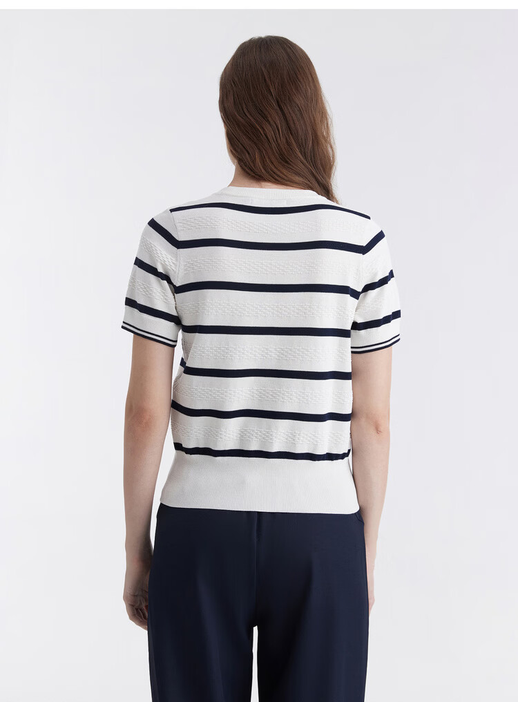 ELLE ACTIVE Colorblock Striped Knit Short Sleeve T-Shirt Women Casual Fashion Comfortable Versatile Crew Neck Top Summer Navy Blue L 19