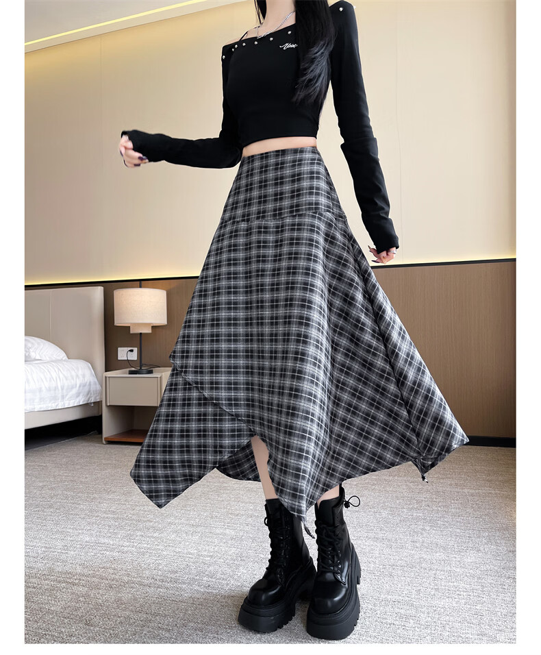 Langsha Irregular Checkered High-Waist Loose Slimming A-Line Mid-Length Skirt for Women Autumn 2026 New Style 14