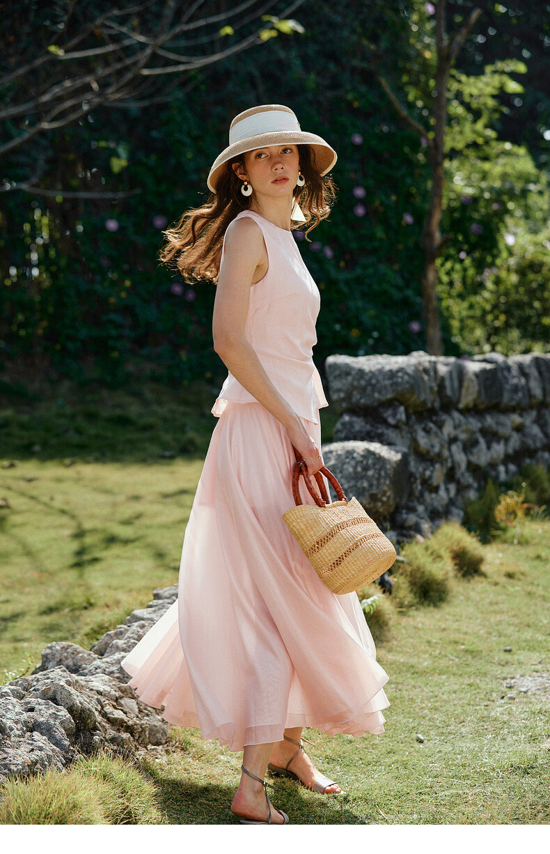 Olrain Eurier Summer Lyocell Linen Dress Women Fake Two-Piece Vest Dress Light Pink M 19