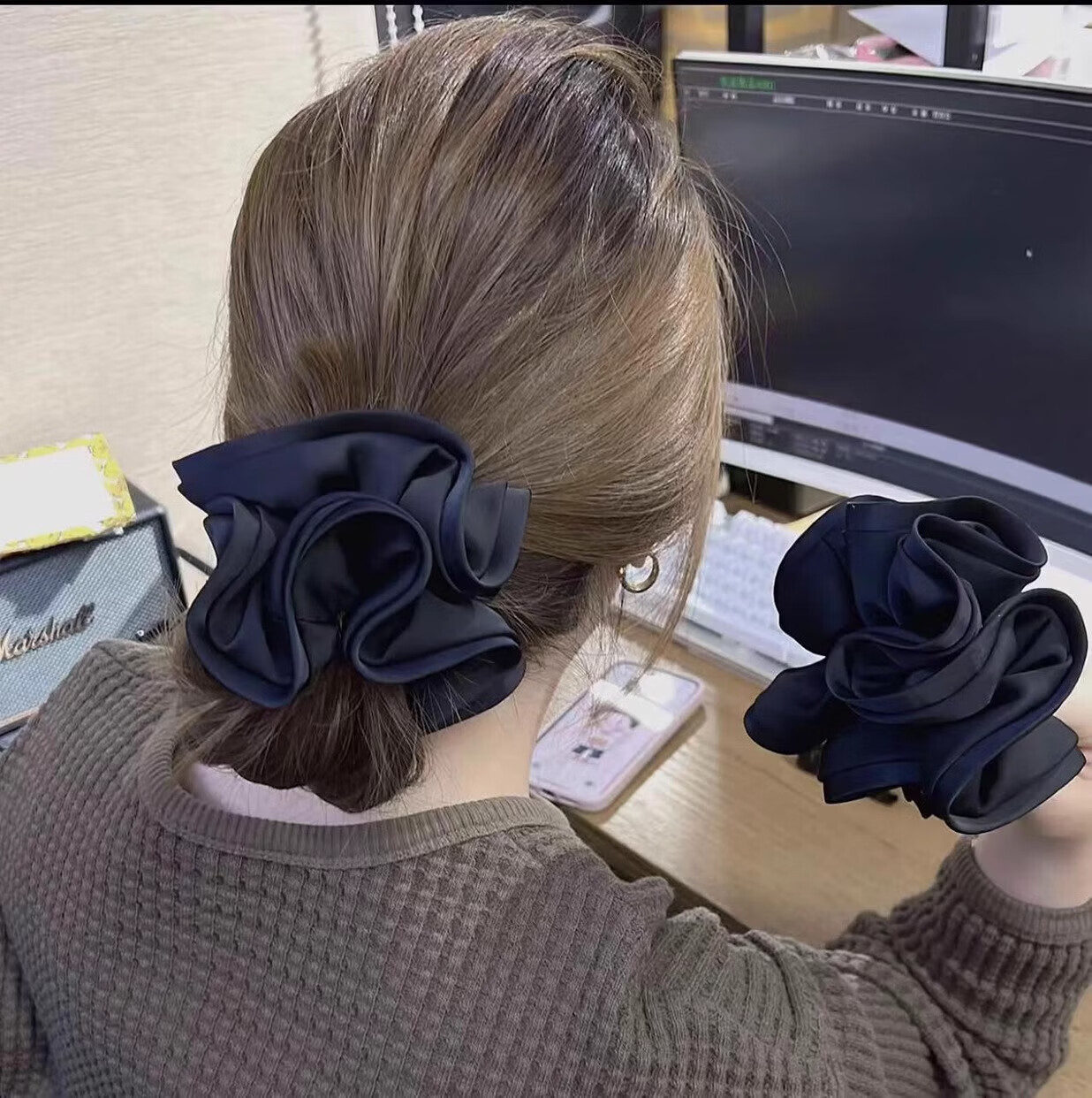 Dongyi Premium Satin Ruffled Large Hair Tie New Style Ponytail Hair Band for Women Bun Hair Accessory 4