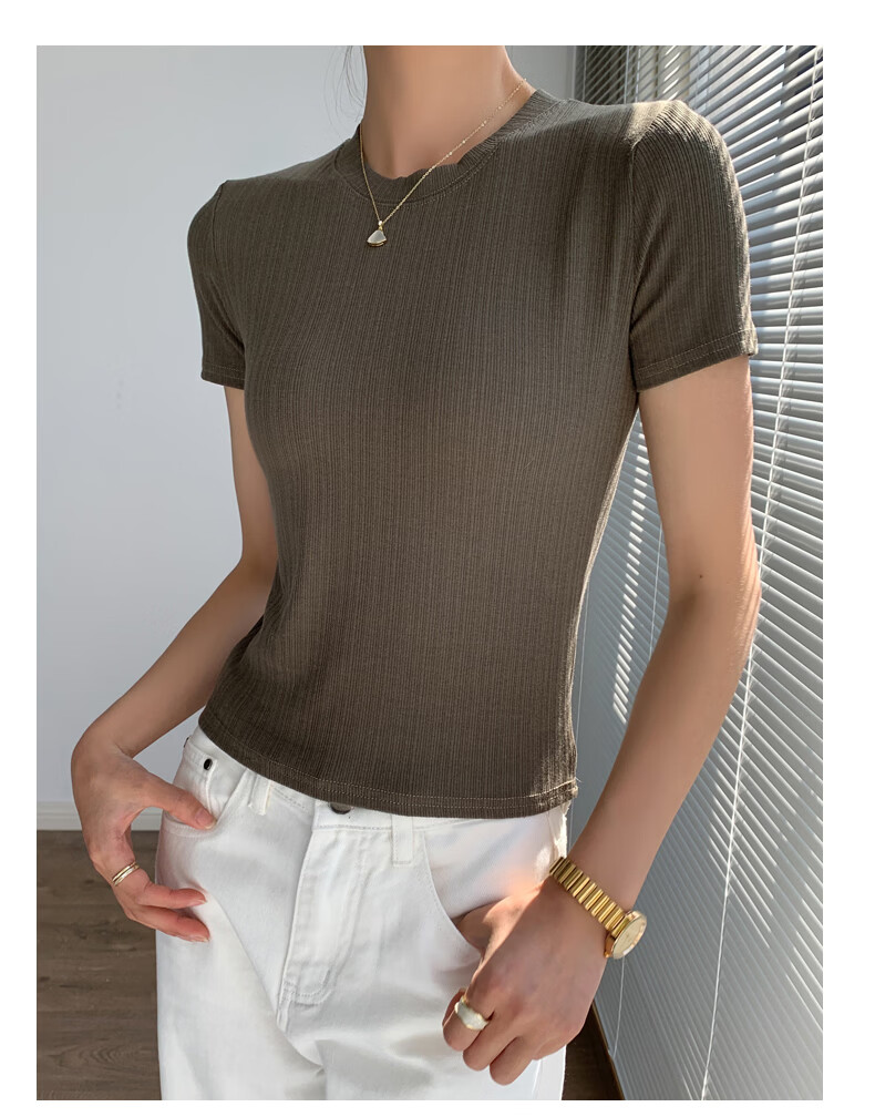 Langsha Knitted Short Sleeve Base Shirt for Women Spring Summer Casual Slim Fit T-Shirt 19