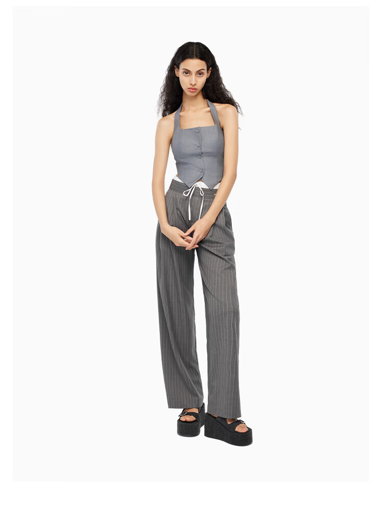 ANN ANDELMAN Official Straight-Leg Elastic Waist Spliced Striped Casual Trousers Gray M Celebrity Style 8