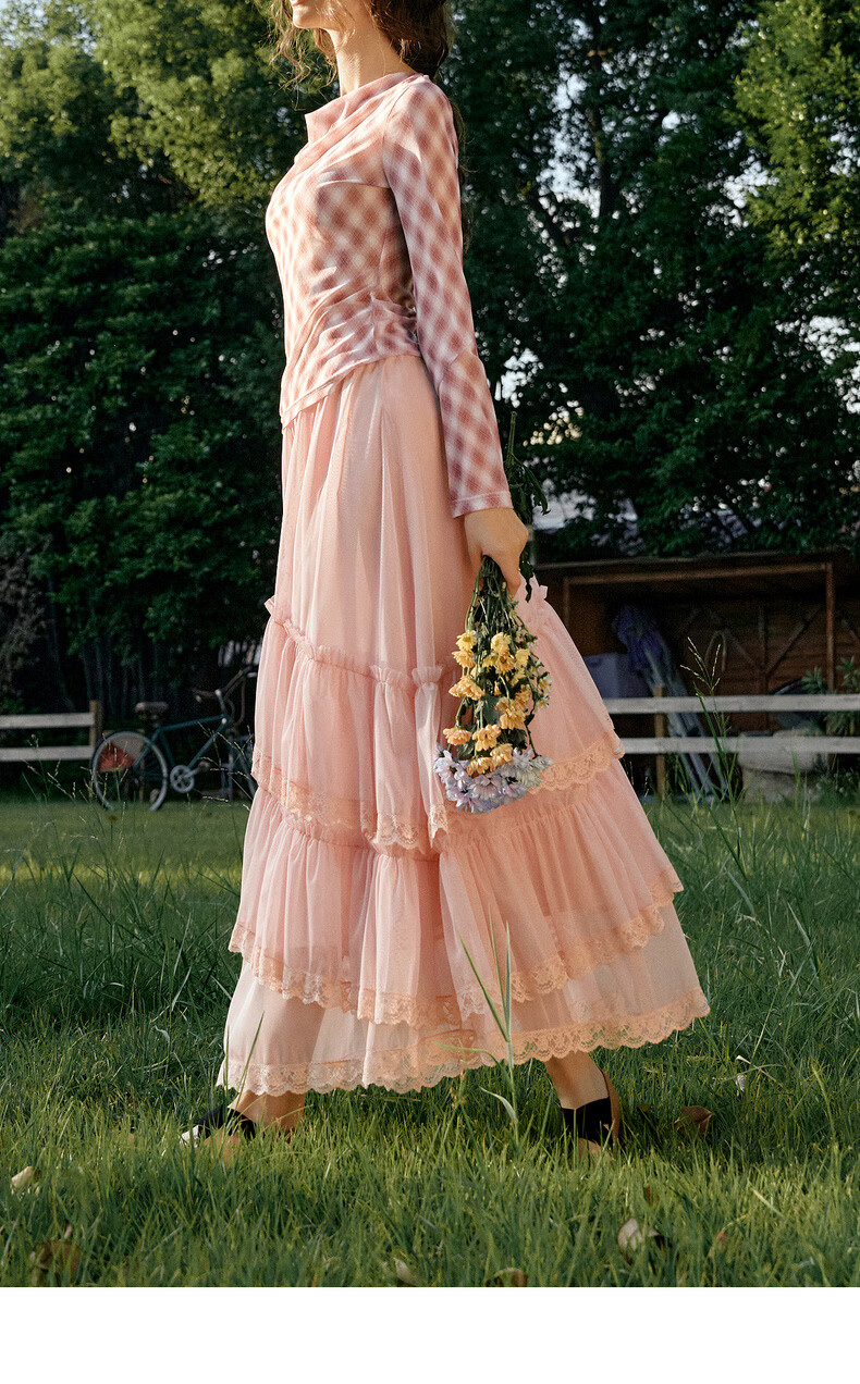 Olrain French Style Women's Skirt Spring Ruffle Lace Spliced Mesh Elegant Long Skirt Pink XL 15