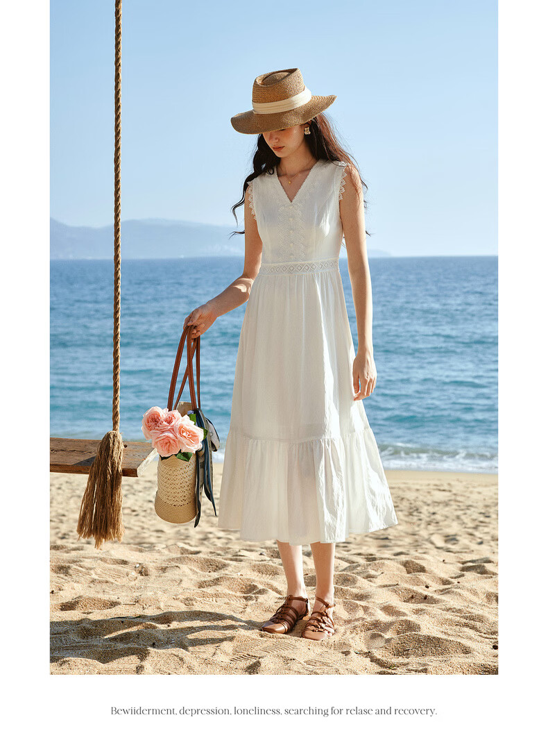 Olrain French Style V-Neck Lace Trim Waist Cinched Sleeveless Vest Dress Long Dress White M 20