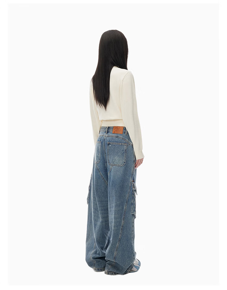 ANN ANDELMAN Star Style Four-Season Washed Vintage Diagonal Split Workwear Jeans Dark Blue 24 6