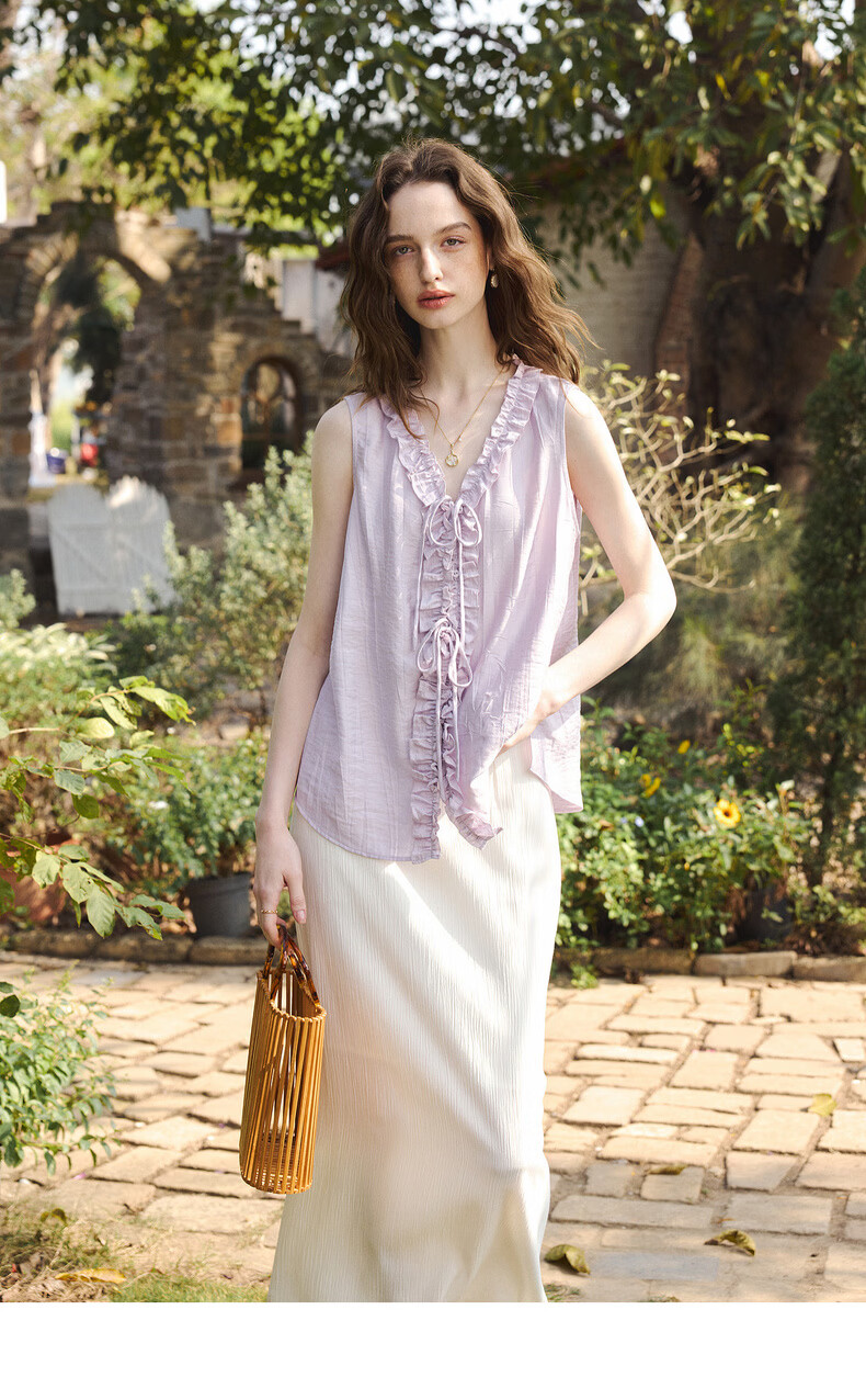 Olrain French Style Heavy Embroidered Ruffled V-Neck Sleeveless Shirt Women Summer New Loose Top Purple S 16
