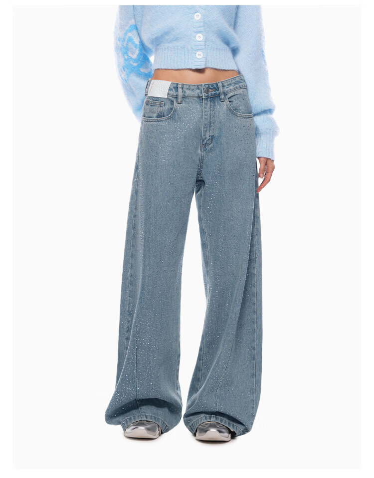 ANN ANDELMAN Starry Rhinestone Embellished Loose Straight-Leg Floor-Length Curved Hem Jeans Blue M (Ni Ni Style) 8