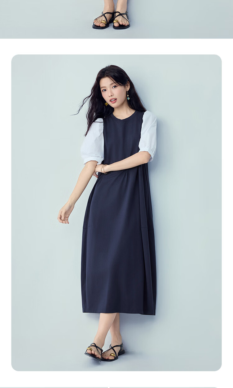 Giordano Women's Loose Dress 2026 Summer Fake Two-Piece Spliced Mid Sleeve Round Neck Cocoon Dress 05466456 12