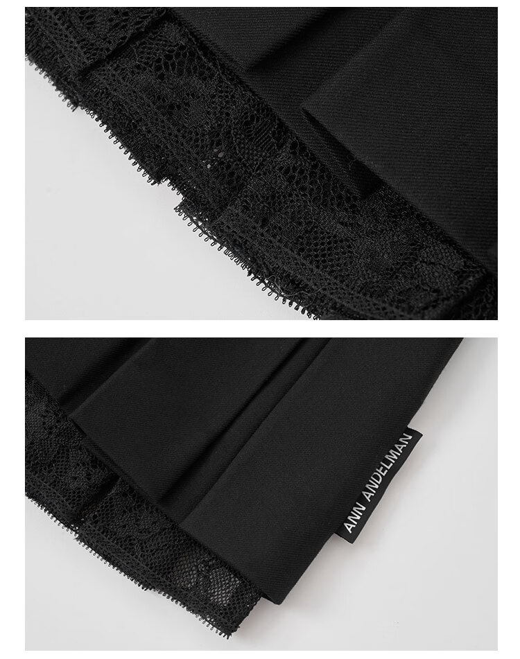 ANN ANDELMAN Lace Splice Blazer Fabric Double-Layer Pleated Skirt Black Elegant Versatile Midi Skirt Black M 15