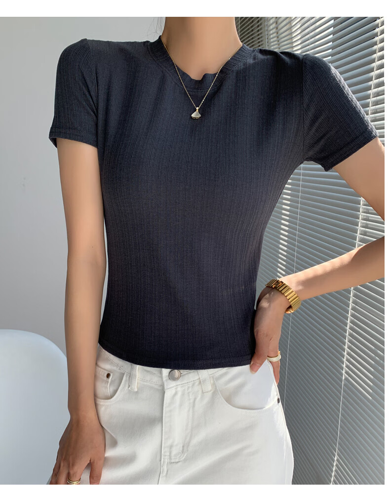 Langsha Knitted Short Sleeve Base Shirt for Women Spring Summer Casual Slim Fit T-Shirt 17