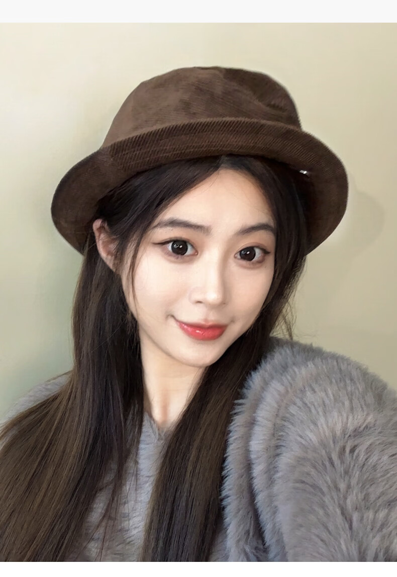 Corduroy Fisherman Hat with Belt Deepening Face Slimming Maillard Color Autumn Winter New Windproof Coffee One Size 11