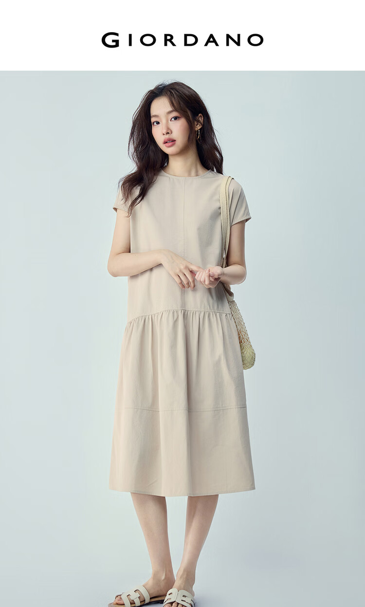 Giordano Women's Short Sleeve Dress 2026 Summer New Pure Cotton Pleated Round Neck Puff Sleeve Dress 13466534 3