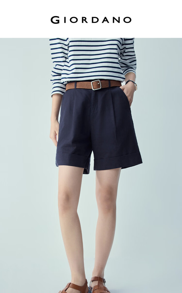 Giordano Women's Summer New Cotton Linen Pleated Semi-Elastic Waist Straight Casual Shorts 13406306 3