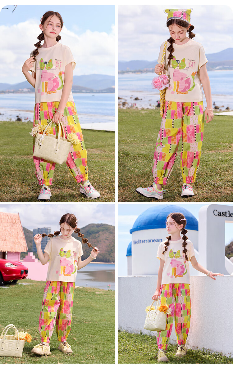 CHANZUIGOU Girls Dopamine Set 2026 Summer New Stylish Kids Short Sleeve Pants Antibacterial Cooling Two-Piece Set 28